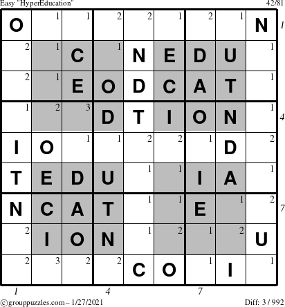 The grouppuzzles.com Easy HyperEducation-i23 puzzle for Wednesday January 27, 2021, suitable for printing, with all 3 steps marked