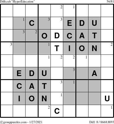 The grouppuzzles.com Difficult HyperEducation-i23 puzzle for Wednesday January 27, 2021 with the first 3 steps marked