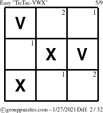 The grouppuzzles.com Easy TicTac-VWX puzzle for Wednesday January 27, 2021 with the first 2 steps marked