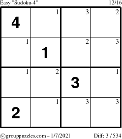 The grouppuzzles.com Easy Sudoku-4 puzzle for Thursday January 7, 2021 with the first 3 steps marked