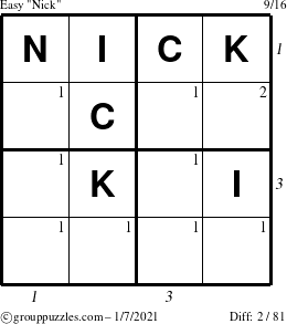 The grouppuzzles.com Easy Nick puzzle for Thursday January 7, 2021 with all 2 steps marked