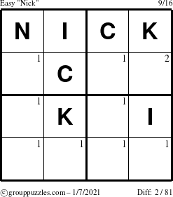 The grouppuzzles.com Easy Nick puzzle for Thursday January 7, 2021 with the first 2 steps marked