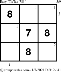 The grouppuzzles.com Easy TicTac-789 puzzle for Thursday January 7, 2021 with all 2 steps marked