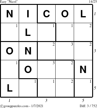 The grouppuzzles.com Easy Nicol puzzle for Thursday January 7, 2021 with all 3 steps marked