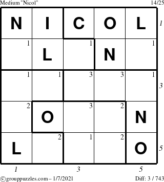 The grouppuzzles.com Medium Nicol puzzle for Thursday January 7, 2021 with all 3 steps marked