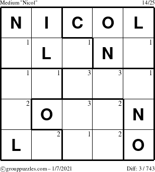 The grouppuzzles.com Medium Nicol puzzle for Thursday January 7, 2021 with the first 3 steps marked