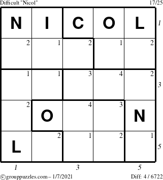 The grouppuzzles.com Difficult Nicol puzzle for Thursday January 7, 2021 with all 4 steps marked