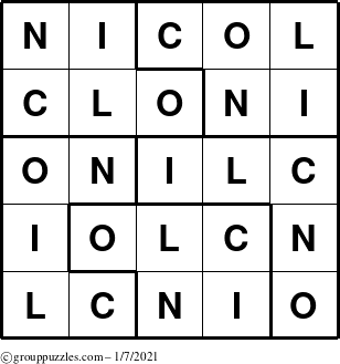 The grouppuzzles.com Answer grid for the Nicol puzzle for Thursday January 7, 2021