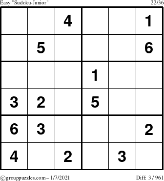 The grouppuzzles.com Easy Sudoku-Junior puzzle for Thursday January 7, 2021