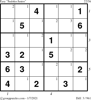 The grouppuzzles.com Easy Sudoku-Junior puzzle for Thursday January 7, 2021 with all 3 steps marked