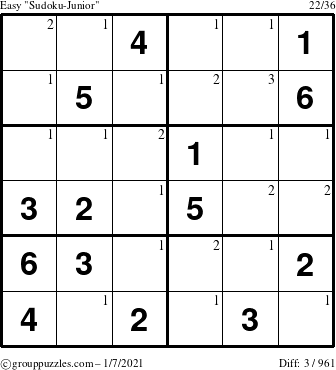 The grouppuzzles.com Easy Sudoku-Junior puzzle for Thursday January 7, 2021 with the first 3 steps marked