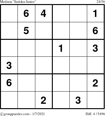 The grouppuzzles.com Medium Sudoku-Junior puzzle for Thursday January 7, 2021