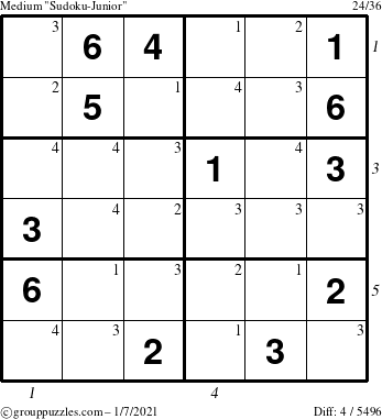 The grouppuzzles.com Medium Sudoku-Junior puzzle for Thursday January 7, 2021 with all 4 steps marked