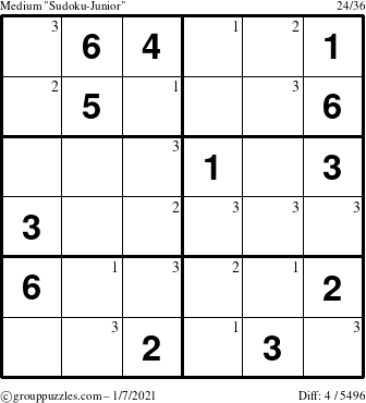 The grouppuzzles.com Medium Sudoku-Junior puzzle for Thursday January 7, 2021 with the first 3 steps marked