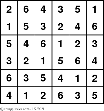 The grouppuzzles.com Answer grid for the Sudoku-Junior puzzle for Thursday January 7, 2021