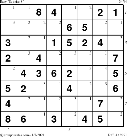 The grouppuzzles.com Easy Sudoku-8 puzzle for Thursday January 7, 2021, suitable for printing, with all 4 steps marked