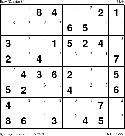 The grouppuzzles.com Easy Sudoku-8 puzzle for Thursday January 7, 2021 with the first 3 steps marked