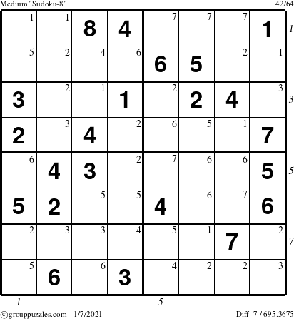 The grouppuzzles.com Medium Sudoku-8 puzzle for Thursday January 7, 2021 with all 7 steps marked