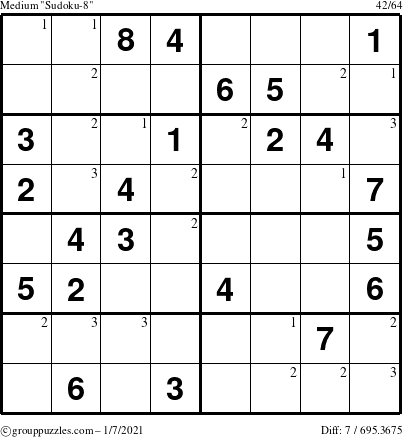 The grouppuzzles.com Medium Sudoku-8 puzzle for Thursday January 7, 2021 with the first 3 steps marked