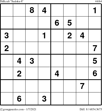 The grouppuzzles.com Difficult Sudoku-8 puzzle for Thursday January 7, 2021