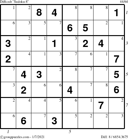 The grouppuzzles.com Difficult Sudoku-8 puzzle for Thursday January 7, 2021 with all 8 steps marked