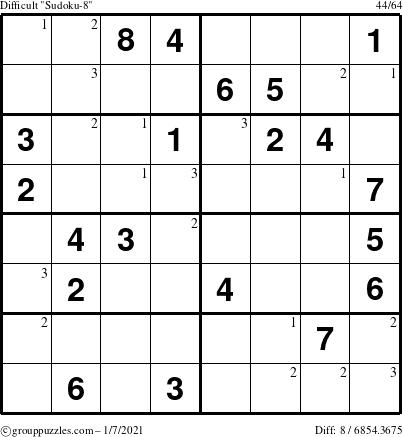 The grouppuzzles.com Difficult Sudoku-8 puzzle for Thursday January 7, 2021 with the first 3 steps marked