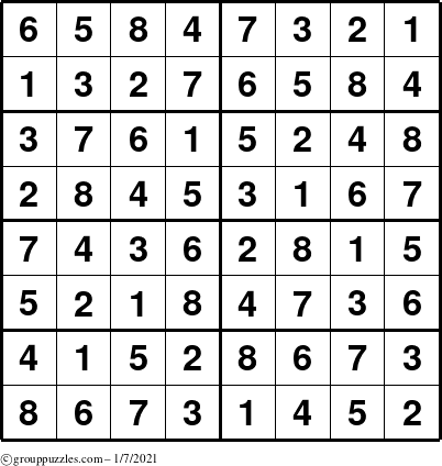 The grouppuzzles.com Answer grid for the Sudoku-8 puzzle for Thursday January 7, 2021