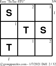 The grouppuzzles.com Easy TicTac-STU puzzle for Thursday January 7, 2021 with all 2 steps marked