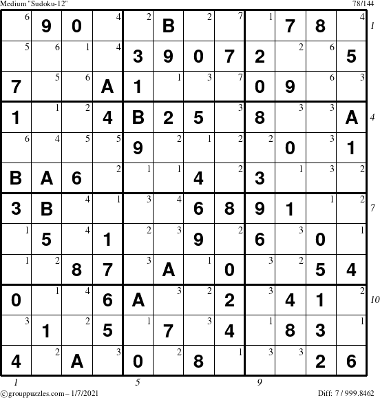 The grouppuzzles.com Medium Sudoku-12 puzzle for Thursday January 7, 2021, suitable for printing, with all 7 steps marked