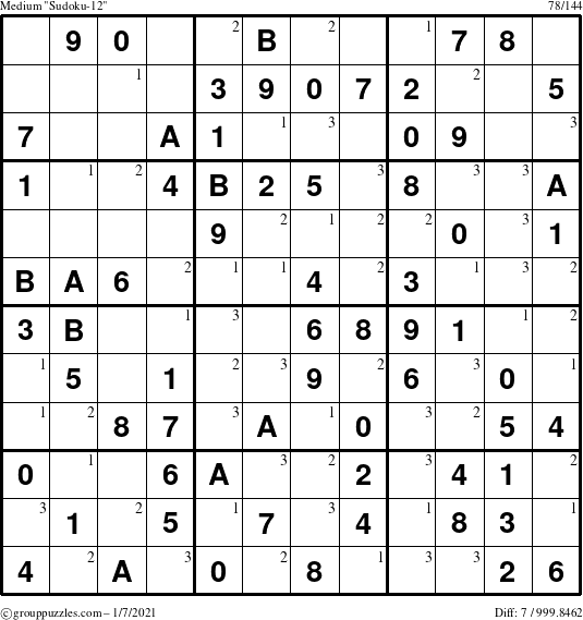 The grouppuzzles.com Medium Sudoku-12 puzzle for Thursday January 7, 2021 with the first 3 steps marked