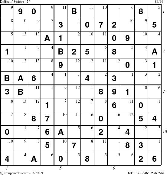 The grouppuzzles.com Difficult Sudoku-12 puzzle for Thursday January 7, 2021 with all 13 steps marked