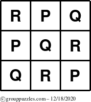 The grouppuzzles.com Answer grid for the TicTac-PQR puzzle for Friday December 18, 2020