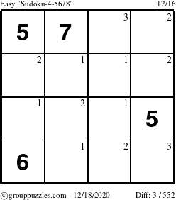 The grouppuzzles.com Easy Sudoku-4-5678 puzzle for Friday December 18, 2020 with the first 3 steps marked