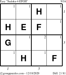 The grouppuzzles.com Easy Sudoku-4-EFGH puzzle for Friday December 18, 2020 with all 2 steps marked