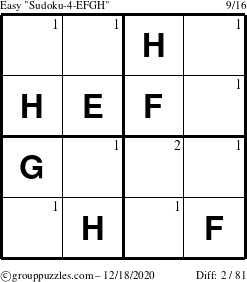 The grouppuzzles.com Easy Sudoku-4-EFGH puzzle for Friday December 18, 2020 with the first 2 steps marked