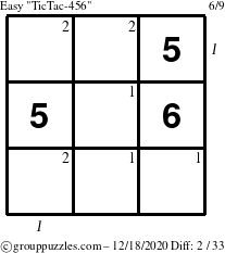 The grouppuzzles.com Easy TicTac-456 puzzle for Friday December 18, 2020 with all 2 steps marked