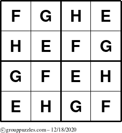 The grouppuzzles.com Answer grid for the Sudoku-4-EFGH puzzle for Friday December 18, 2020