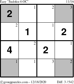 The grouppuzzles.com Easy Sudoku-4-OC puzzle for Friday December 18, 2020 with the first 3 steps marked