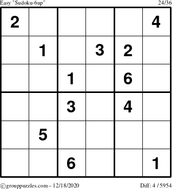 The grouppuzzles.com Easy Sudoku-6up puzzle for Friday December 18, 2020