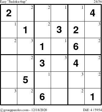 The grouppuzzles.com Easy Sudoku-6up puzzle for Friday December 18, 2020 with the first 3 steps marked