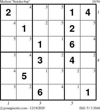 The grouppuzzles.com Medium Sudoku-6up puzzle for Friday December 18, 2020 with all 5 steps marked