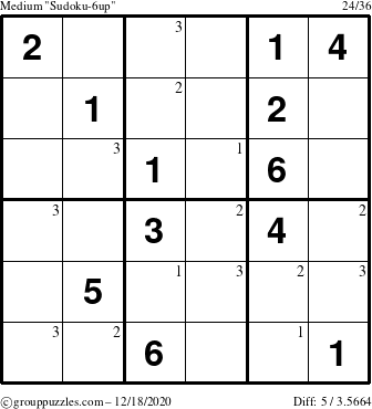 The grouppuzzles.com Medium Sudoku-6up puzzle for Friday December 18, 2020 with the first 3 steps marked