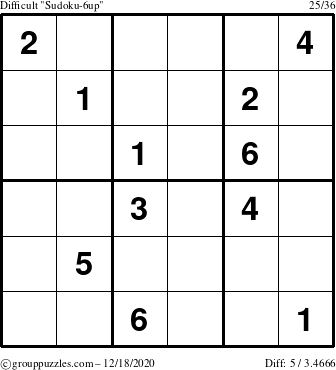 The grouppuzzles.com Difficult Sudoku-6up puzzle for Friday December 18, 2020