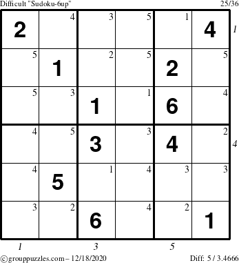 The grouppuzzles.com Difficult Sudoku-6up puzzle for Friday December 18, 2020 with all 5 steps marked