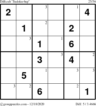 The grouppuzzles.com Difficult Sudoku-6up puzzle for Friday December 18, 2020 with the first 3 steps marked