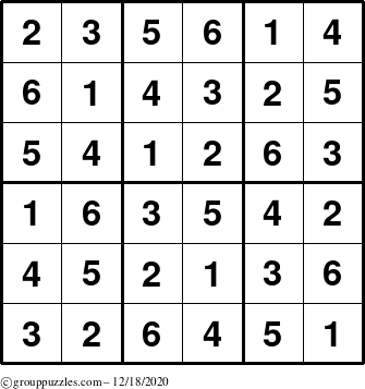 The grouppuzzles.com Answer grid for the Sudoku-6up puzzle for Friday December 18, 2020