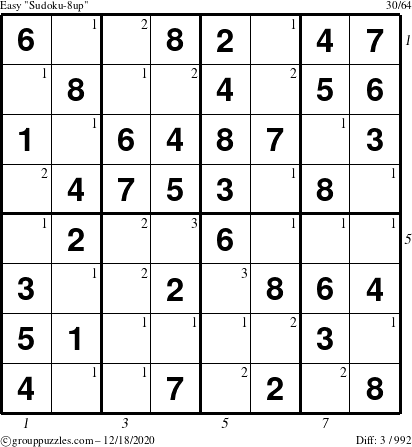 The grouppuzzles.com Easy Sudoku-8up puzzle for Friday December 18, 2020, suitable for printing, with all 3 steps marked