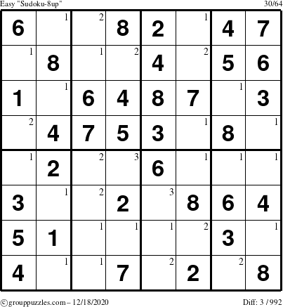 The grouppuzzles.com Easy Sudoku-8up puzzle for Friday December 18, 2020 with the first 3 steps marked