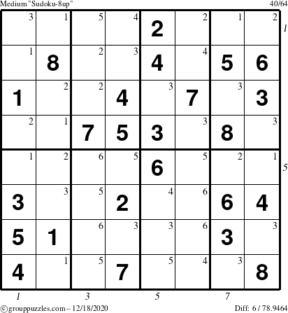 The grouppuzzles.com Medium Sudoku-8up puzzle for Friday December 18, 2020, suitable for printing, with all 6 steps marked