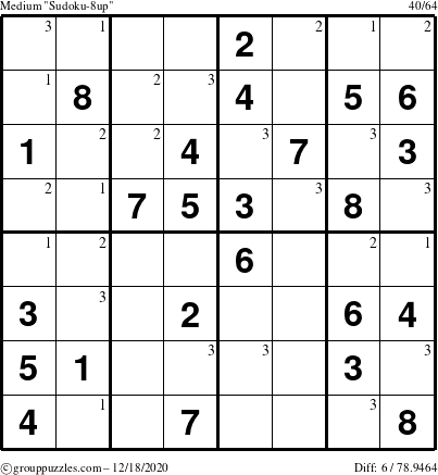 The grouppuzzles.com Medium Sudoku-8up puzzle for Friday December 18, 2020 with the first 3 steps marked